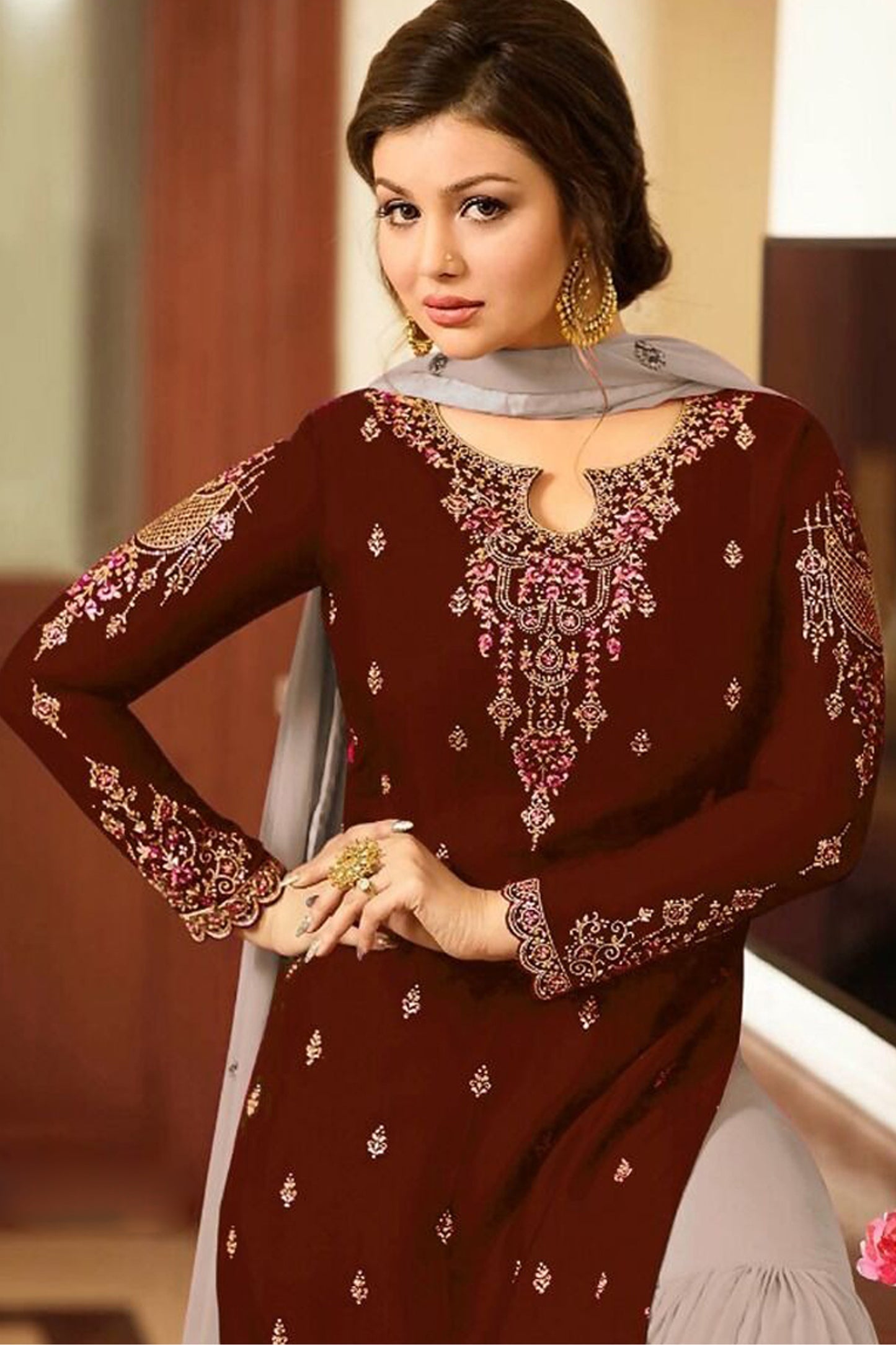 Wine Georgette  Embroidery Work Sharara Suit For Wedding & Festival