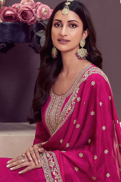Exclusive Pink Designer Chinnon Fabric Anarkali Gown with Dupatta
