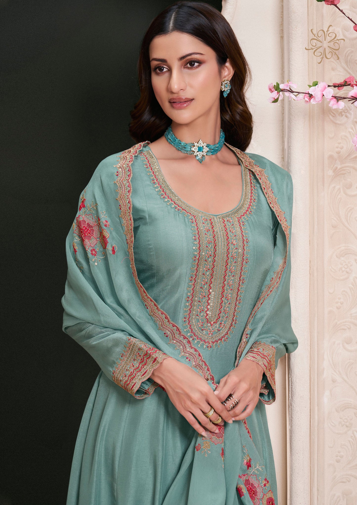 Latest Sky Blue Designer Anarkali Gown with Embroidered Dupatta