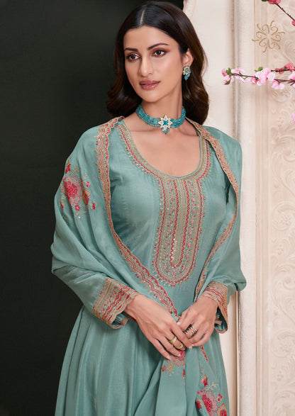 Latest Sky Blue Designer Anarkali Gown with Embroidered Dupatta