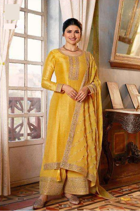 Yellow Silk Georgette Plazzo Suit For Indian-Pakistan Wedding-Reception